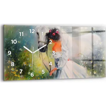 Hodiny Skleněné nástěnné hodiny do kanceláře S Potiskem Krásná žena s koněm 60x30 cm