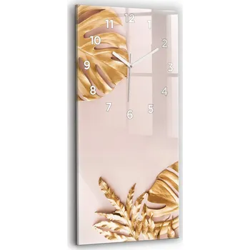 Hodiny Skleněné nástěnné hodiny do obýváku se vzorem zlatých tropických listů 30x60 cm