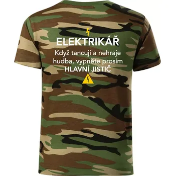 Elektrikář - hlavní jistič - Nápis na zádech - Dětské maskáčové triko - 134 cm/8 let ( Hnědý maskáč )