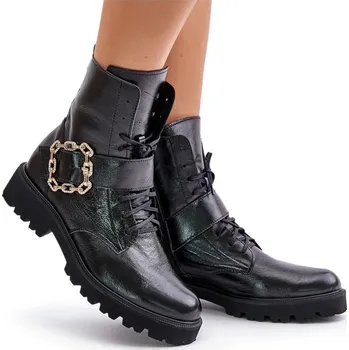 Dámská zimní obuv DÁMSKÉ KOTNÍKOVÉ BOTY KOŽENÉ S OZDOBNOU PŘEZKOU A ZIPEM ZAZOO 2951 ČERNÉ 38