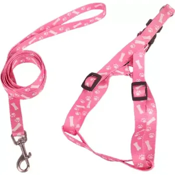 Postroj pro psa Postroj s vodítkem packy a kostičky růžový 25 - 40 cm