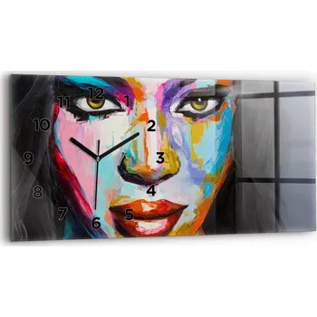 Hodiny Horizontální Skleněné Hodiny Nástěnné S Potiskem Barevná Ženská Tvář 60x30 cm