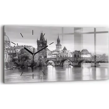 Hodiny Horizontální skleněné nástěnné hodiny s motivem Pohled na Karlův most Praha 60x30 cm
