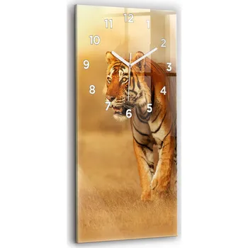 Hodiny Velké skleněné hodiny s tichým mechanismem, nástěnné, motiv Loft - Lov tygra, 30x60 cm
