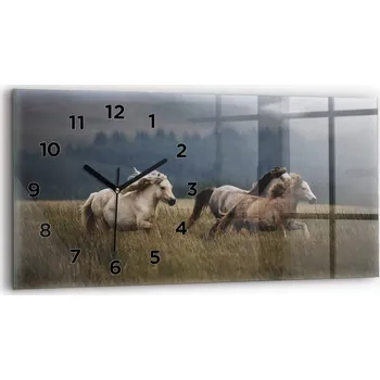 Hodiny Moderní skleněné nástěnné hodiny s potiskem 60 cm x 30 cm Cválající koně