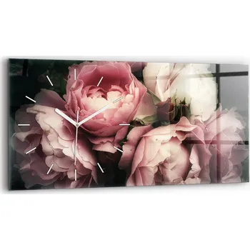 Hodiny Moderní skleněné nástěnné hodiny s potiskem 60 x 30 cm Kytice růžových růží