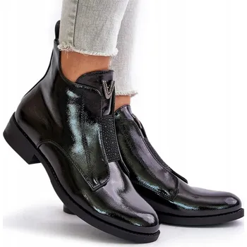 Dámská zimní obuv DÁMSKÉ KOTNÍKOVÉ BOTY NÍZKÉ ZATEPLENÉ ZIP LAKOVANÉ S.BARSKI HY42-120 ČERNÉ 36