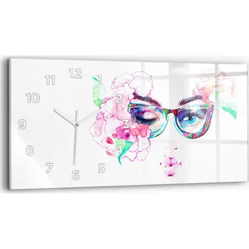 Hodiny Moderní skleněné nástěnné hodiny 60x30 cm - Žena v brýlích
