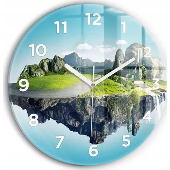 Hodiny Moderní skleněné foto hodiny na zeď Létající ostrov kulatý průměr 30 cm