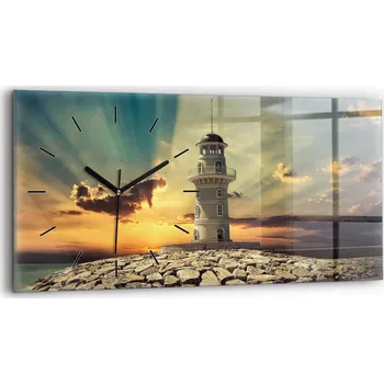 Hodiny Skleněné nástěnné hodiny do kanceláře s motivem majáku na moři, 60x30 cm