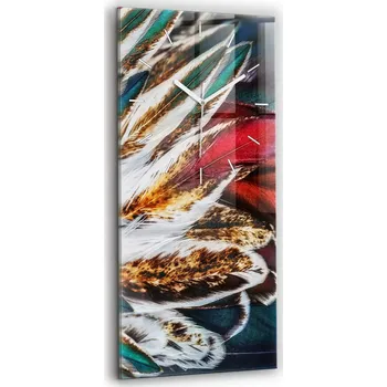 Hodiny Vertikální skleněné nástěnné hodiny s motivem světle hnědých ptačích per 30x60 cm