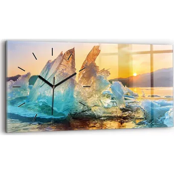 Hodiny Skleněné nástěnné hodiny do kanceláře s motivem Ledovce a východu slunce 60x30 cm