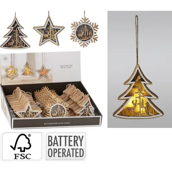 Vánoční dekorace KOOPMAN Závěsná dekorace - vánoční motivy s LED světýlky na dřevěném podstavci, 12 cm, mix /1ks