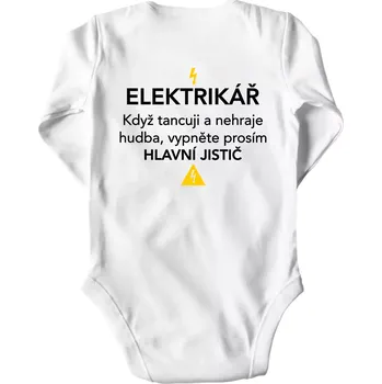 Kojenecký body Elektrikář - hlavní jistič - Nápis na zádech - Body kojenecké s dlouhým rukávem - Dlouhý r. do 3 měs ( Bílá )