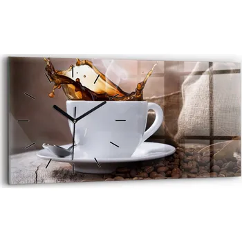 Hodiny Horizontální Skleněné Nástěnné Hodiny do Obýváku s Grafikou Šálek kávy 60x30 cm
