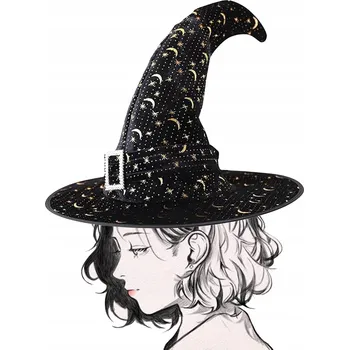 Klobouk Klobouk čaroděje/čarodějnice se zlatým zdobením černý na Halloween