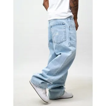 Pánské kalhoty ŠIROKÉ DŽÍNOVÉ KALHOTY Super Baggy Pánské Světlé Mramorované Jigga XXL