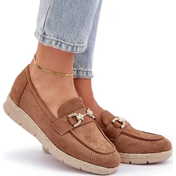 Dámské mokasíny Dámské mokasíny s prolamovaným vzorem, jutový cop, zlatý detail, hnědé, velikost 37