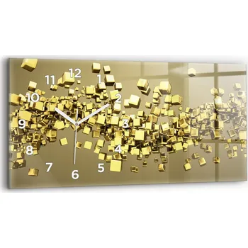Hodiny Horizontální Skleněné Nástěnné Hodiny do Obýváku s Grafikou Zlaté čtverce 60x30 cm