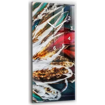 Hodiny Vertikální skleněné nástěnné hodiny s motivem světle hnědých ptačích per 30x60 cm