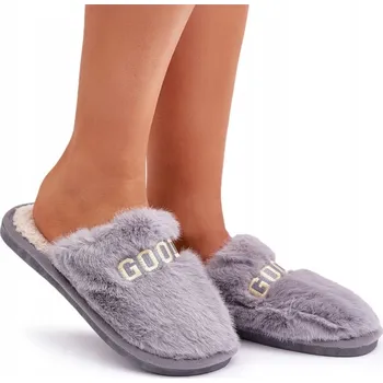 Dámské pantofle DÁMSKÉ PANTOFLE S KOŽÍŠKEM A NÁPISEM, TEPLÉ POHODLNÉ ŠEDÉ, VELIKOST 38