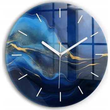 Hodiny Moderní skleněné hodiny s grafikou na zeď Modrý mramor kulatý průměr 30 cm