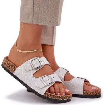 Dámské pantofle Látkové dámské NAZOUVÁKY na korkové podrážce s přezkami světle šedé 36