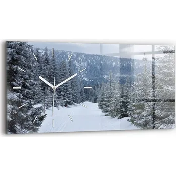 Hodiny Horizontální skleněné nástěnné hodiny s motivem Krkonoš v zimě, 60x30 cm