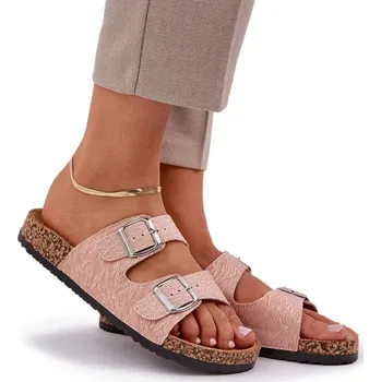 Dámské pantofle DÁMSKÉ LÁTKOVÉ NAZOUVÁKY NA KORKOVÉ PODRÁŽCE S PŘEZKAMI, RŮŽOVÉ, VELIKOST 39