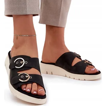 Dámské pantofle Dámské NAZOUVÁKY Lehké Pohodlné Pantofle na Klínku s Přezkami Černé Velikost 40