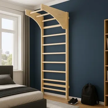 Dřevěné žebřiny s hrazdou pro děti i dospělé, uchycení na zeď, vysoká nosnost 170 kg