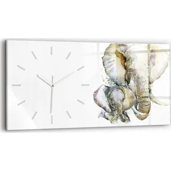Hodiny Skleněné nástěnné hodiny do kanceláře s grafikou Malované sloni, 60x30 cm