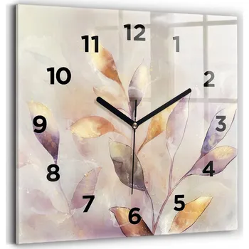 Hodiny Skleněné nástěnné hodiny do obýváku s abstraktním boho motivem listů, 30x30 cm