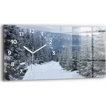 Hodiny Horizontální skleněné nástěnné hodiny s motivem Krkonoš v zimě, 60x30 cm
