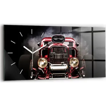 Hodiny Nástěnné vodorovné skleněné hodiny s grafikou Staré veterán auto 60x30 cm