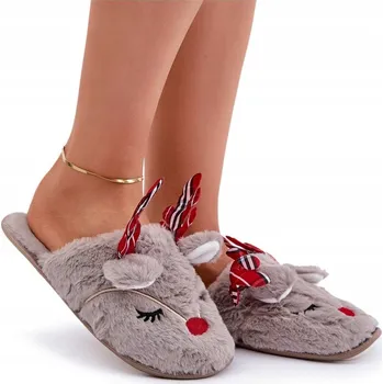 Dámská obuv PANTOFLE DÁMSKÉ VÁNOČNÍ S MOTIVEM SOBÍKA TMAVĚ BÉŽOVÉ 36/37