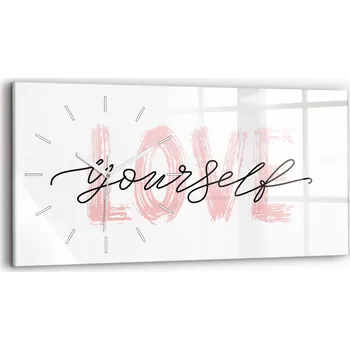 Hodiny Moderní skleněné nástěnné hodiny s potiskem 60x30 cm Nápis miluj sám sebe