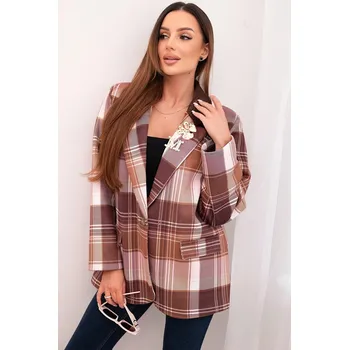 Dámské sako Dámská sako s kostkovaným vzorem a ozdobnou broží a dlouhým rukávem hnědá UNI