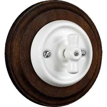 vypínač Elhard Kulatý keramický otočný vypínač č.6/č.1, bílý / tmavé dřevo - kompletní