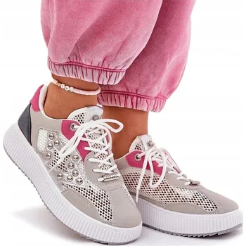 Dámská obuv DÁMSKÉ SPORTOVNÍ BOTY NA PLATFORMĚ SE SÍŤOVINOU A CVOČKY ŠEDÉ 38