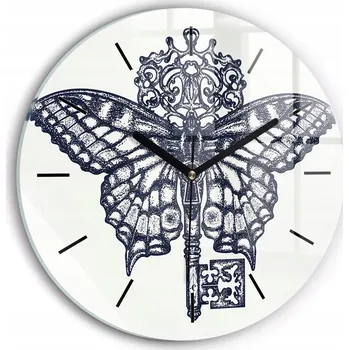 Hodiny Skleněné foto hodiny na zeď Motýl a klíč – boho styl kulatý průměr 30 cm