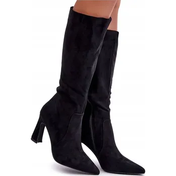 Dámské kozačky Dámské semišové kozačky na sloupkovém podpatku černé 41