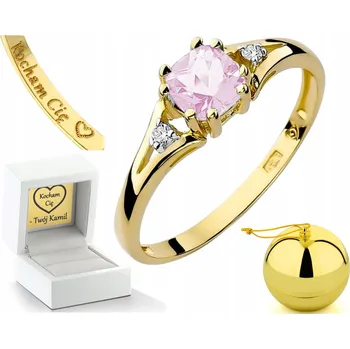 Prsten ZLATÝ PRSTÝNEK RŮŽOVÝM TOPAZEM A DIAMANTY 585 S GRAVÍROVÁNÍ