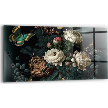 Hodiny Dekorativní nástěnné hodiny s krásnou grafikou 60 cm x 30 cm Květina a zlatí motýli