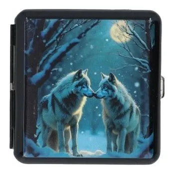 Obraz POUZDRO NA CIGARETY KOVOVÉ S GUMIČKOU A POTISKEM VLCI