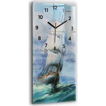 Hodiny Vertikální skleněné nástěnné hodiny do kanceláře se vzorem Loď na vodě 30x60 cm