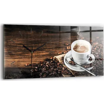 Hodiny Skleněné nástěnné hodiny do kanceláře se vzorem Šálek a kávových zrn 60x30 cm