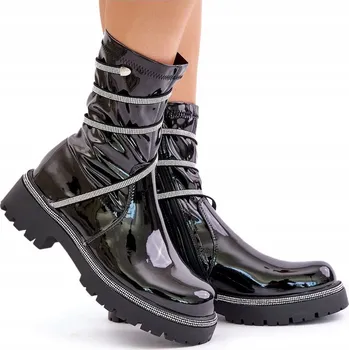 Dámská zimní obuv KOTNÍKOVÉ BOTY S OZDOBOU NA ZIP, PLOCHÝ PODPATEK, ČERNÉ, VELIKOST 38