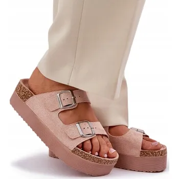 Dámské pantofle NAZOUVÁKY S PÁSKY A SPONAMI, PLATFORMA, RŮŽOVÉ, VELIKOST 39