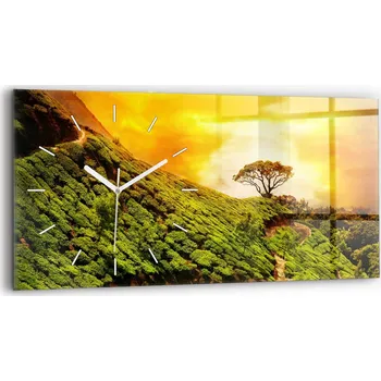 Hodiny Horizontální skleněné nástěnné hodiny do kanceláře se vzorem Čajový kopec 60x30 cm